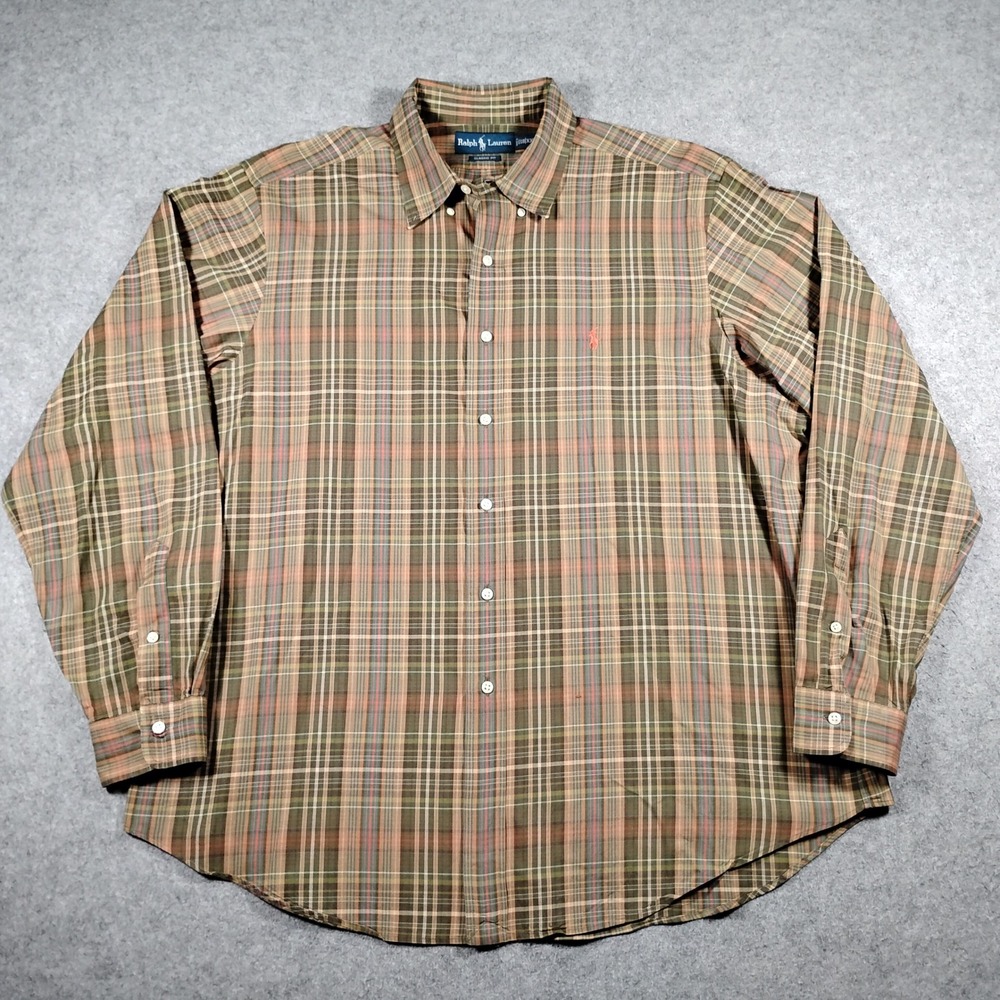 Ralph Lauren Classic Fit Plaid Button Down Shirt Mens XXL Green Brown Orange